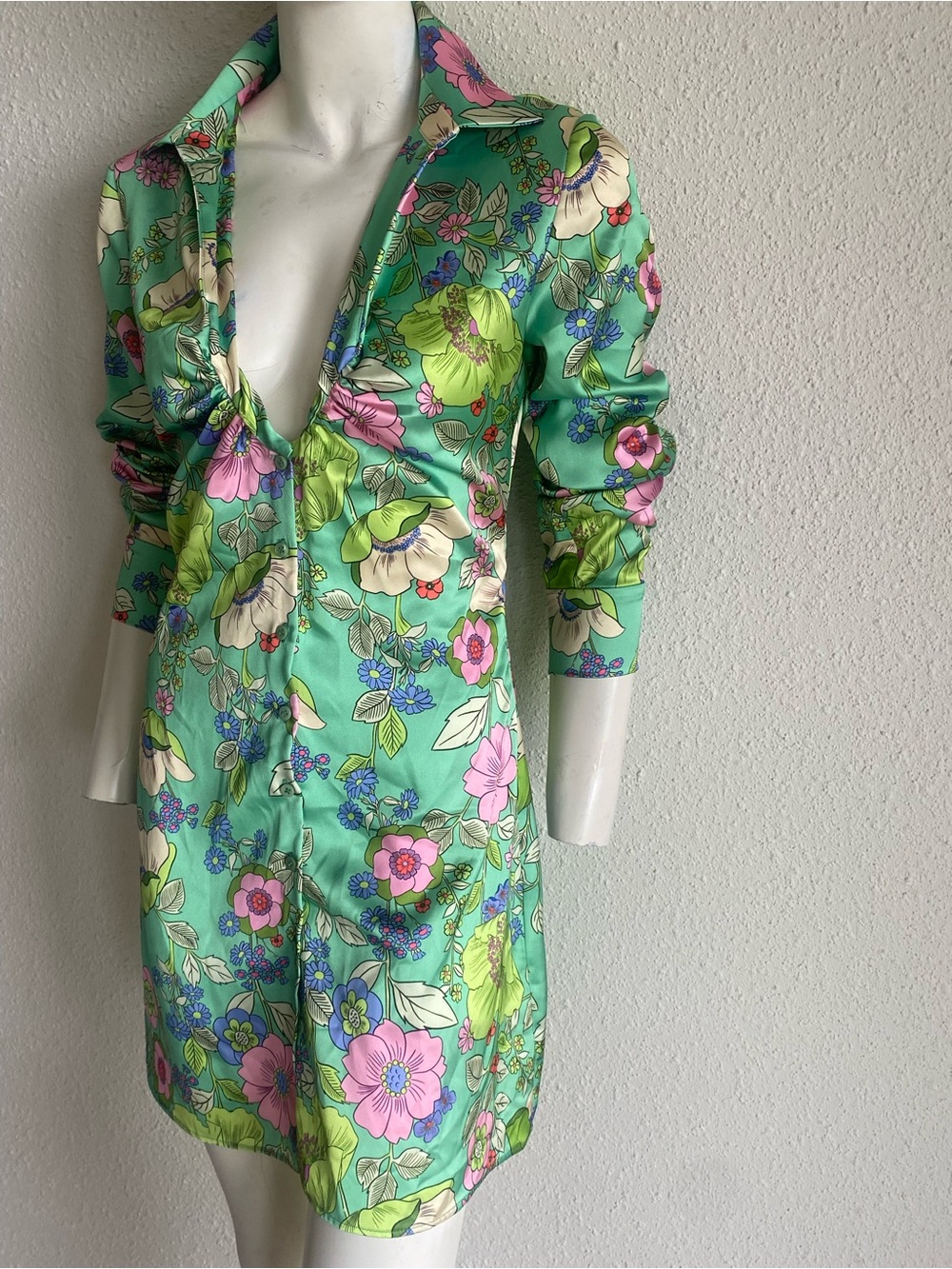 Zara Floral Satin Mini Dress Green Pink Retro Cottagecore Size S